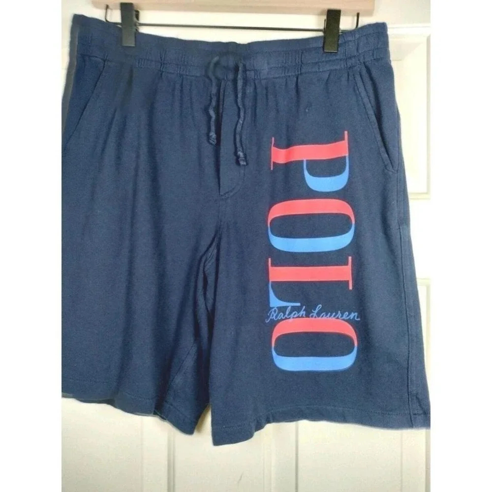 Polo Ralph Lauren‎ Shorts Mens S/Youth XL Navy Blue Terry Fleece Spellout Logo